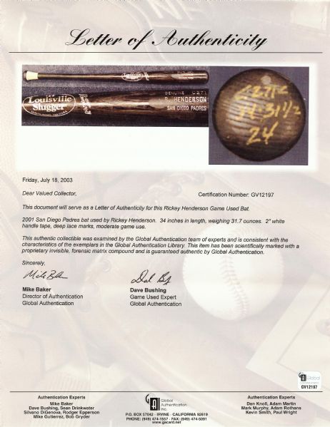 Rickey Henderson 2001 Game-Used Louisville Slugger Bat (GAI Bushing)