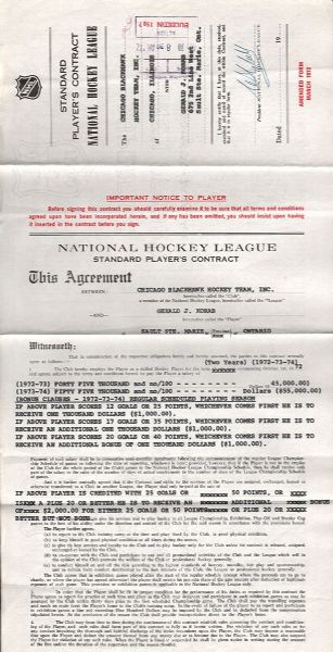 1972-74 Chicago Blackhawks NHL Contract Signed by Jerry Korab, Campbell, Ivan, Wirtz