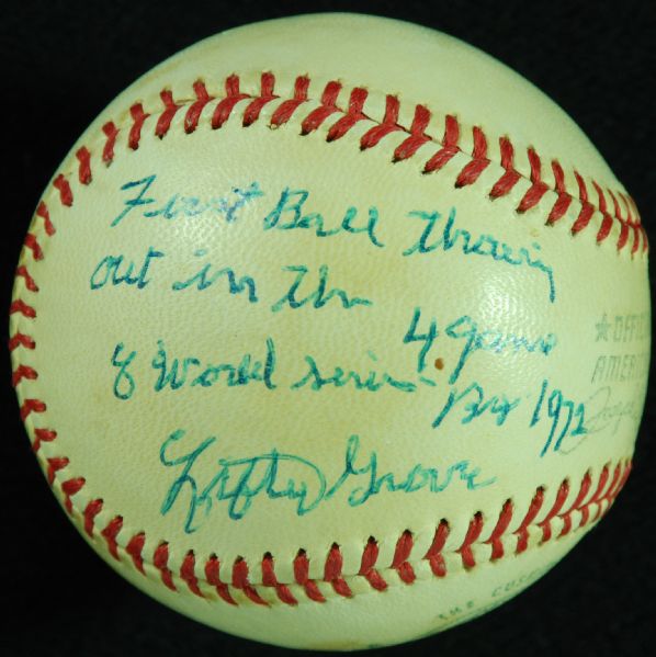 Lefty Grove Single-Signed OAL Baseball Inscribed First Ball Thrown out in the 4 game of the World Series 1972 (PSA/DNA)