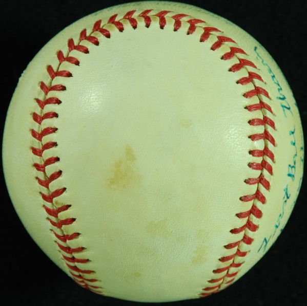 Lefty Grove Single-Signed OAL Baseball Inscribed First Ball Thrown out in the 4 game of the World Series 1972 (PSA/DNA)