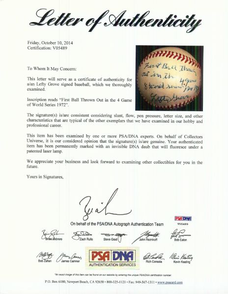 Lefty Grove Single-Signed OAL Baseball Inscribed First Ball Thrown out in the 4 game of the World Series 1972 (PSA/DNA)