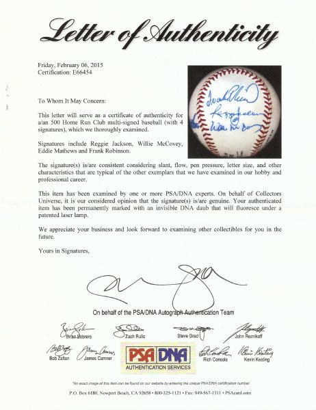 500 Home Run Club Multi-Signed Baseball (4) with Robinson, Mathews, McCovey, Jackson (PSA/DNA)