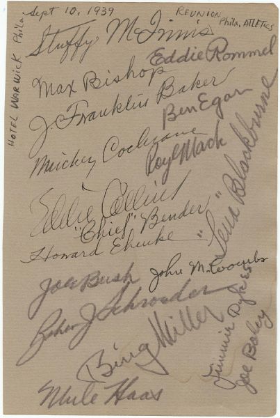 1939 Philadelphia Athletics Reunion Team-Signed Album Page (18) with Bender, Collins, Baker, Cochrane (PSA/DNA)