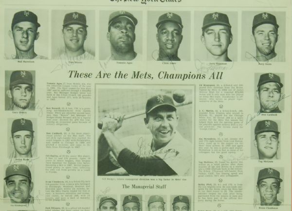 1969 New York Mets World Champions Team-Signed New York Times Page (34) with Hodges, Ryan, Seaver, Berra (JSA)
