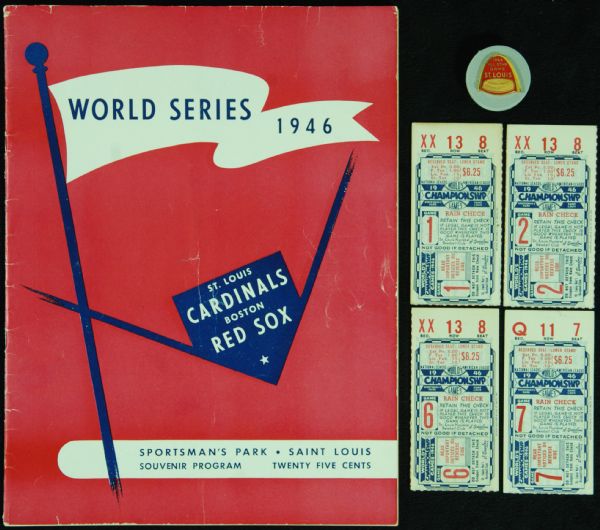 1946 World Series Package with Program and Tickets for Games 1, 2, 6 & 7 (Cardinals vs. Red Sox) with 1966 All-Star Press Pin