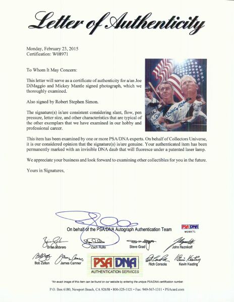 Mickey Mantle & Joe DiMaggio Signed 8x10 Robert Stephen Simon Artwork (PSA/DNA)
