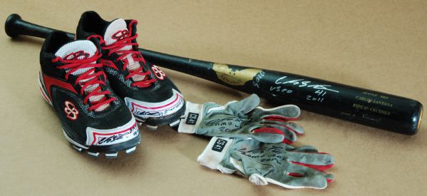 Carlos Santana Signed & Game-Used Bat, Cleats & Batting Gloves (5 pieces)