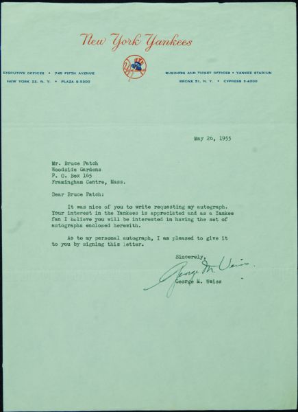George Weiss Signed Typed Letter on Yankees Letterhead (1955) (PSA/DNA)