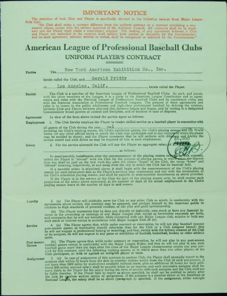 Ed Barrow, William Harridge & Jerry Priddy Signed American League Contract (1941)