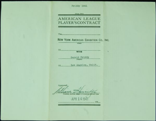 Ed Barrow, William Harridge & Jerry Priddy Signed American League Contract (1941)