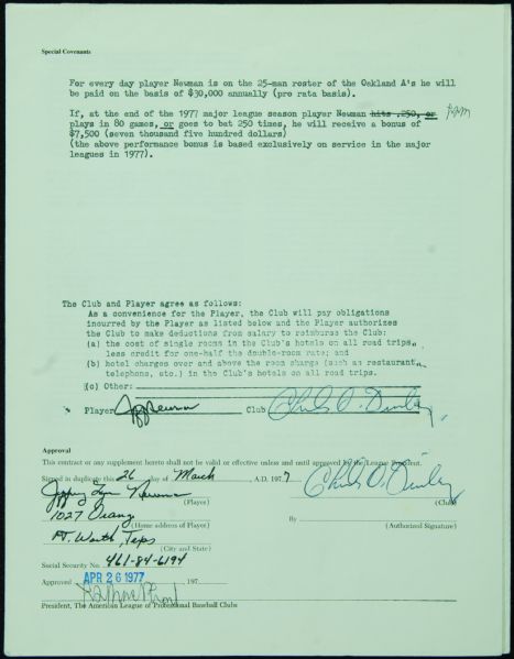 Lee MacPhail, Charles O'Finley & Jeff Newman Signed American League Contract (1977)
