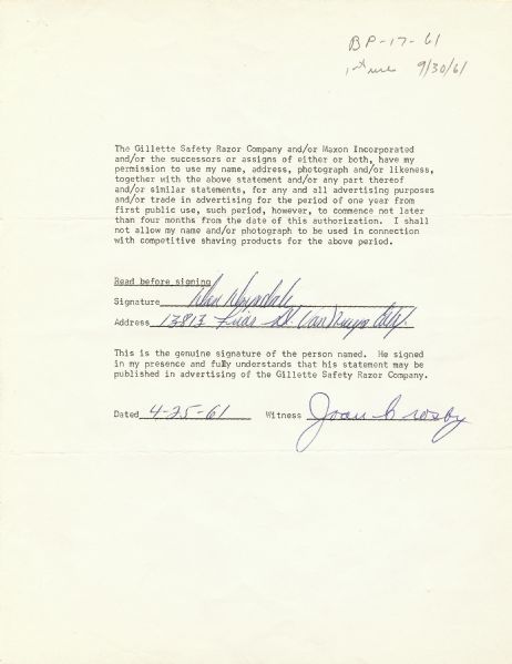 Don Drysdale Signed Gillette Safety Razor Company Contract (1961) (PSA/DNA)