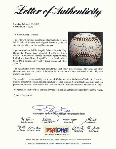 HOFer Multi-Signed ONL Baseball (19 Signatures) with Berra, Banks, Musial (PSA/DNA)