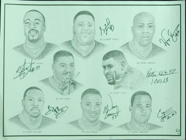 Green Bay Packers Super Bowl XXXI Offense & Defense Signed Lithos (16 Signatures) with Favre, White