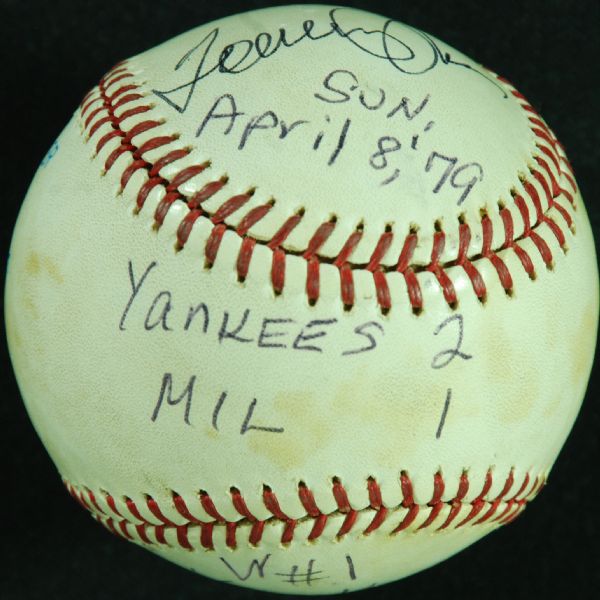 Tommy John Vintage Autographed Baseball Commemorating His First Yankees Win (PSA/DNA)