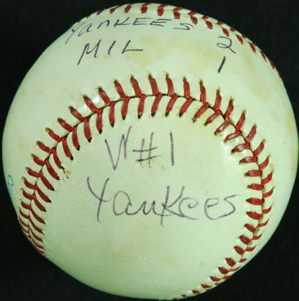 Tommy John Vintage Autographed Baseball Commemorating His First Yankees Win (PSA/DNA)