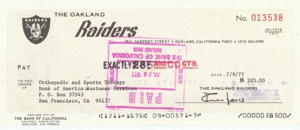 Al Davis Signed Oakland Raiders Payroll Check (1977)
