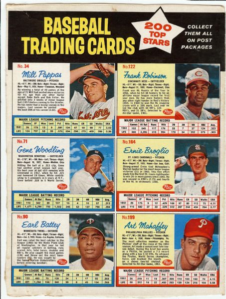 1962 Post Cereal Box Backs With 36 Cards, Including Banks, Robinson, Ford (6)