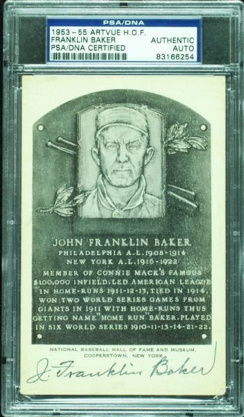 Frank Home Run Baker Signed B&W HOF Plaque Postcard (PSA/DNA)