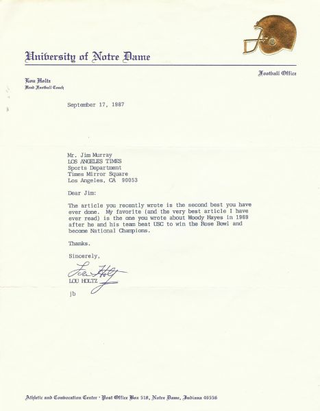 Lou Holtz Signed Typed Letter with Woody Hayes Content (1987) (PSA/DNA)