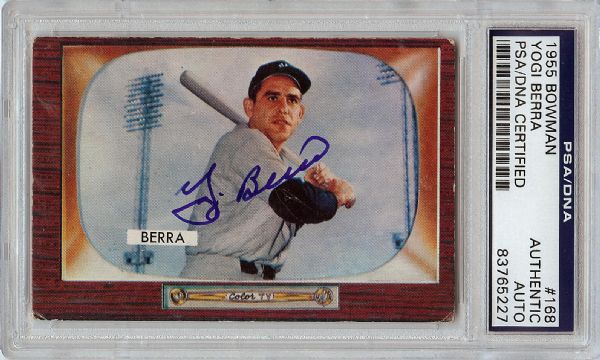 Yogi Berra Signed 1955 Bowman No. 168 (PSA/DNA)