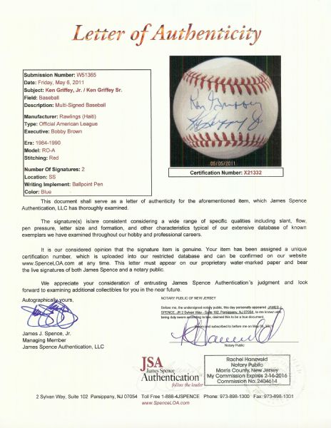 Ken Griffey Jr. & Ken Griffey Sr. Dual-Signed OAL Baseball (JSA)