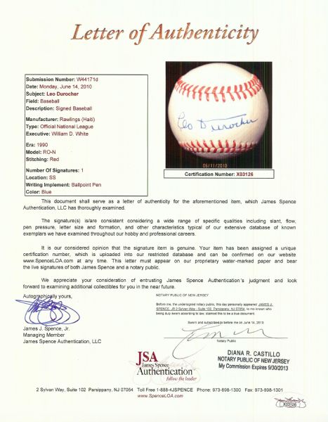 Leo Durocher Single-Signed ONL Baseball (JSA)