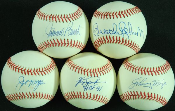 HOFer Single-Signed Baseballs (5) with Bench, Mize, Morgan, Brooks Robinson (JSA)