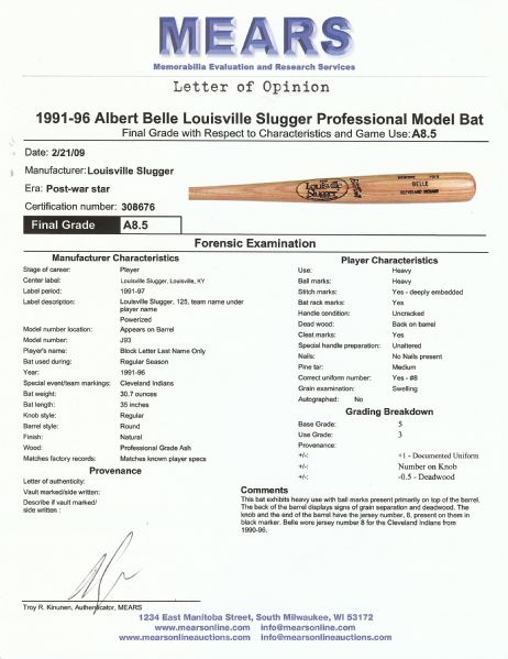 Albert Belle 1991-96 Game-Used Louisville Slugger Bat (Graded MEARS A8.5)