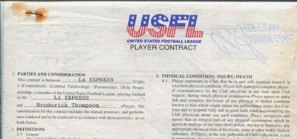 Broderick Thompson Signed 1984 LA Express USFL Football Contract 