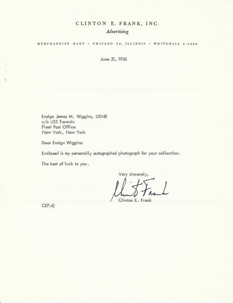 Clint Frank Typed Signed Letter (1956) (PSA/DNA)