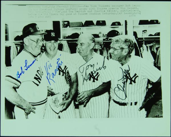 Yankees Greats Signed Wire Photo (1978) with Lemon, Raschi, Henrich, Keller