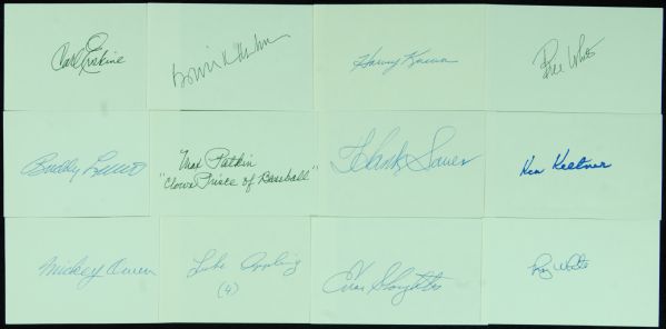 HOFers & Notables Signed 3x5 Index Cards (12) with Bowie Kuhn, Harvey Kuenn, Appling, Keltner