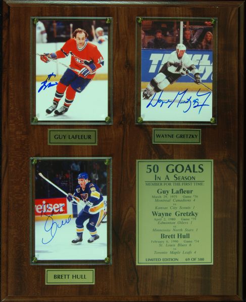Wayne Gretzky, Brett Hull & Guy LaFleur Signed Photo Plaque