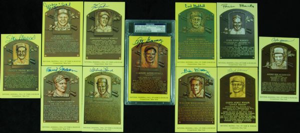 Signed Yellow HOF Plaque Postcards (10) with Gomez, Musial, Dickey