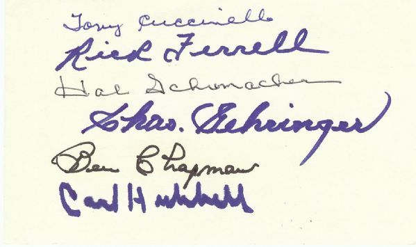 Multi-Signed 3x5 Index Card (6) with Ferrell, Gehringer Hubbell