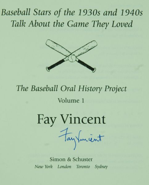 Fay Vincent Single-Signed OAL Baseball & Book (2)