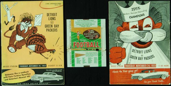 1953 & 1955 Green Bay Packers vs. Detroit Lions Program (2) with 1954 Bowman Wrapper