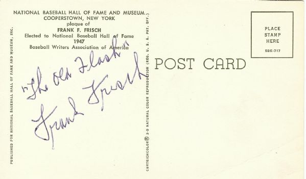 Frank Frisch Signed Yellow HOF Plaque Postcard Inscribed The Old Flash (PSA/DNA)