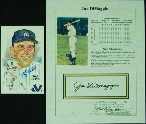 Joe DiMaggio Signed Notarized 8x10 with Yogi Berra Perez Steele HOF Postcard (2)