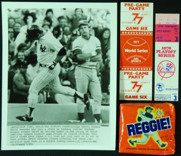 Yankees Group with Munson Wire Photo, Reggie Bar & World Series Tickets (4 Pieces)