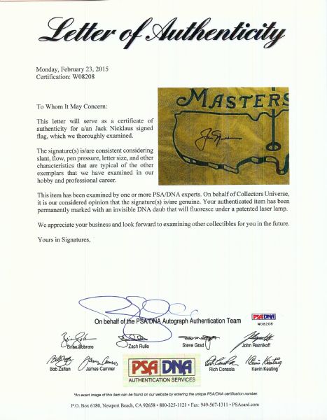 Jack Nicklaus Signed 2011 Masters Flag (PSA/DNA)