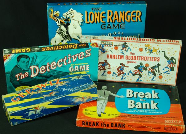 Vintage Board Game Group (5) with The Lone Ranger, Harlem Globetrotters, The Detectives
