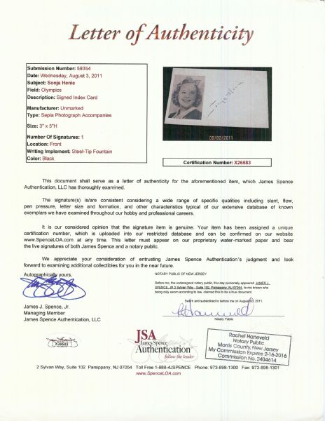 Sonja Henie Signed 3x5 Index Card (JSA)
