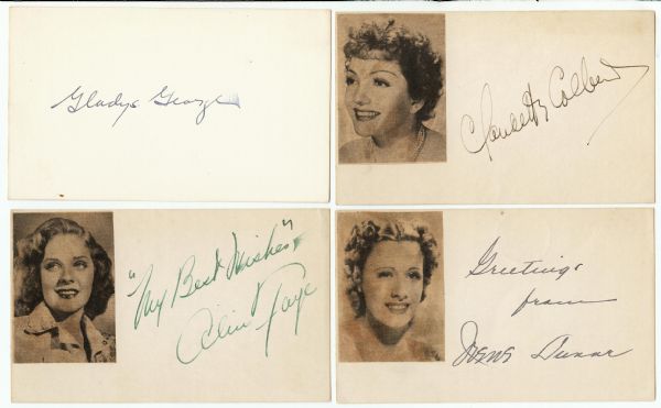 Famous Actress Signed 3x5 Index Cards (4) with Gladys George, Dunne, Colbert, Faye (JSA)