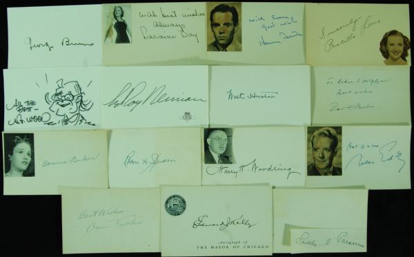Celebrity Signed Index Cards (15) with Walter Huston, Peter Fonda, Nelson Eddy