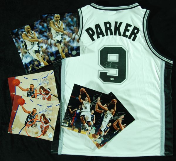 Tony Parker Signed Spurs Jersey with (6) Signed 8x10 Photos