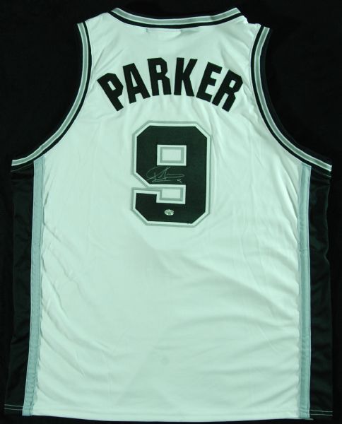 Tony Parker Signed Spurs Jersey with (6) Signed 8x10 Photos