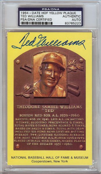 Ted Williams Signed Yellow HOF Plaque Postcard (PSA/DNA)