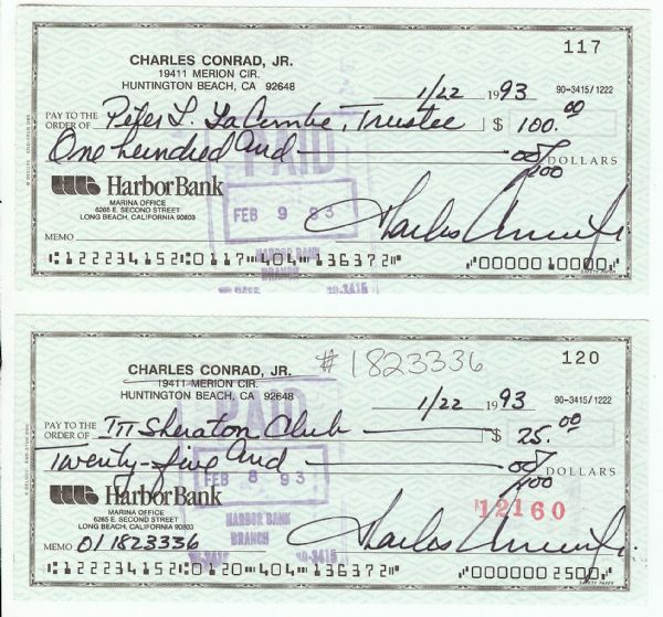 Charles Conrad Signed Personal Checks (2)